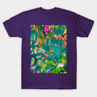 Cool tropical floral leaves botanical illustration, tropical plants,leaves and flowers, green turquoise leaves pattern T-Shirt